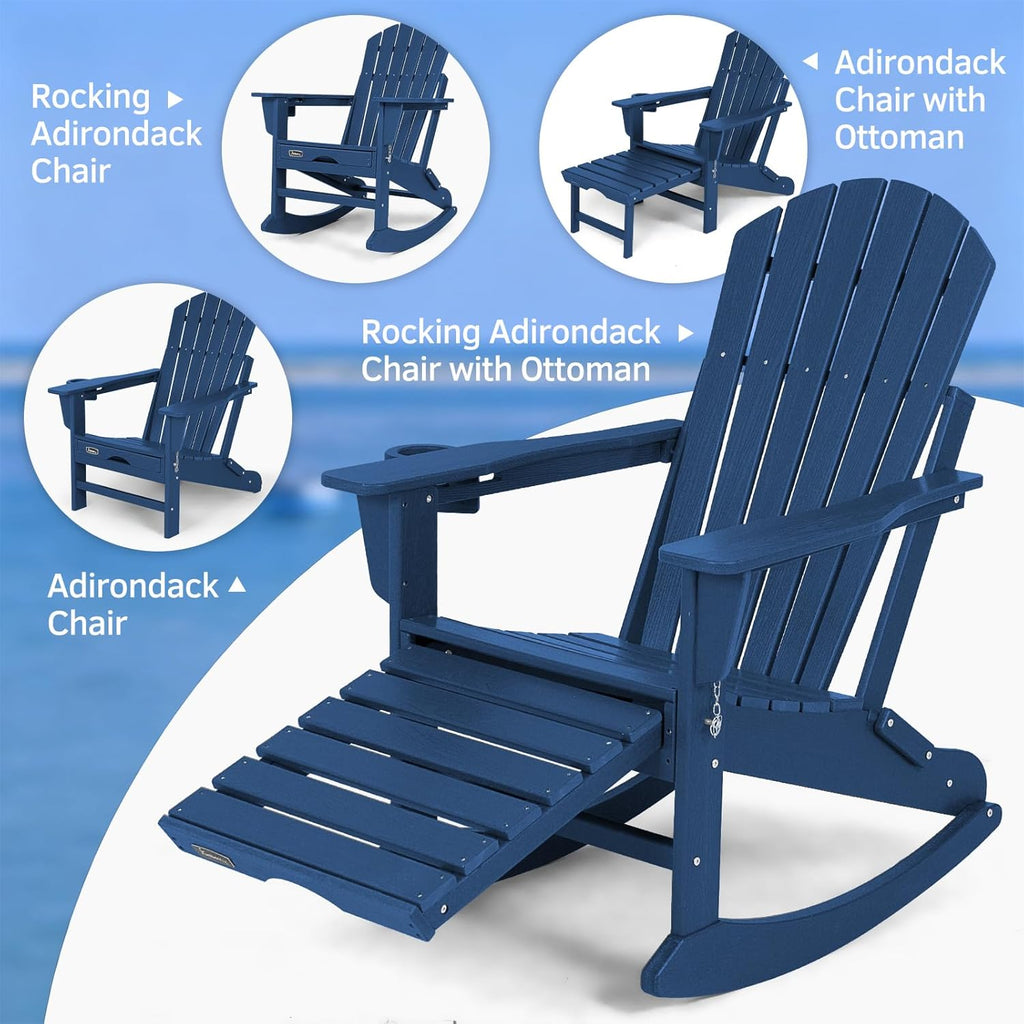 Adirondack Rocking Chair, Porch Rocker with Ottoman & Cup Holder | Multifunctional 4-in-1, Wood-Grain, HDPE All