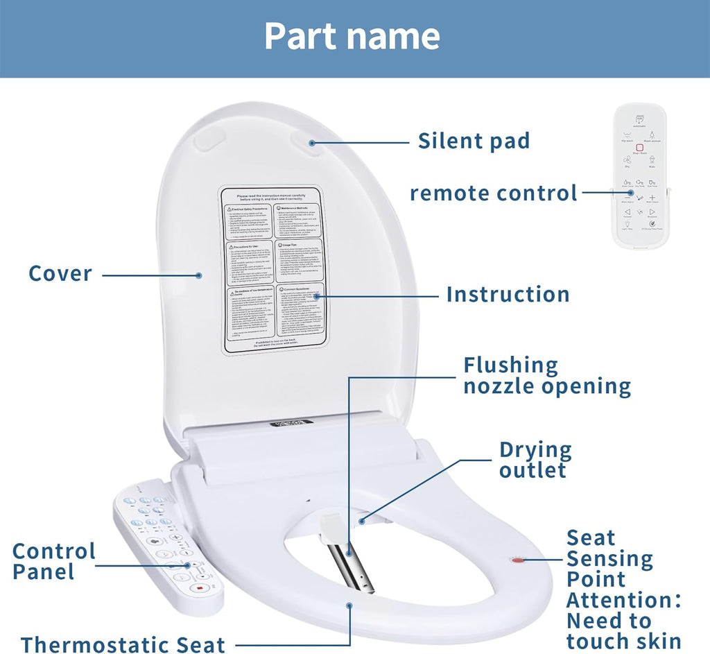 Electric Bidet Toilet Seat with Dual Control (Side Panel & Remote), Warm Water Wash, Heated Seat, Warm Air Dryer, LED Night Light, Fits Existing Toilets