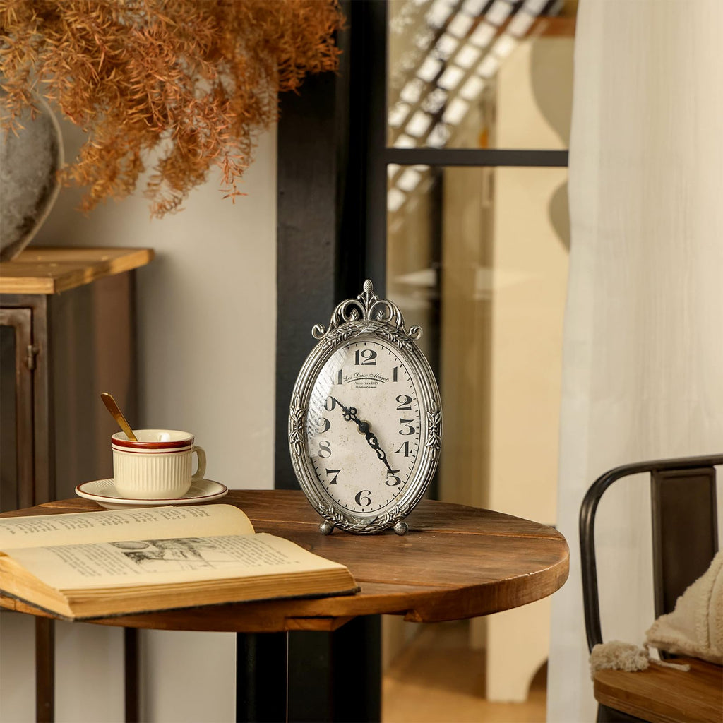 Small Vintage Table Clock, Silent Elegant Silver Desk Clock