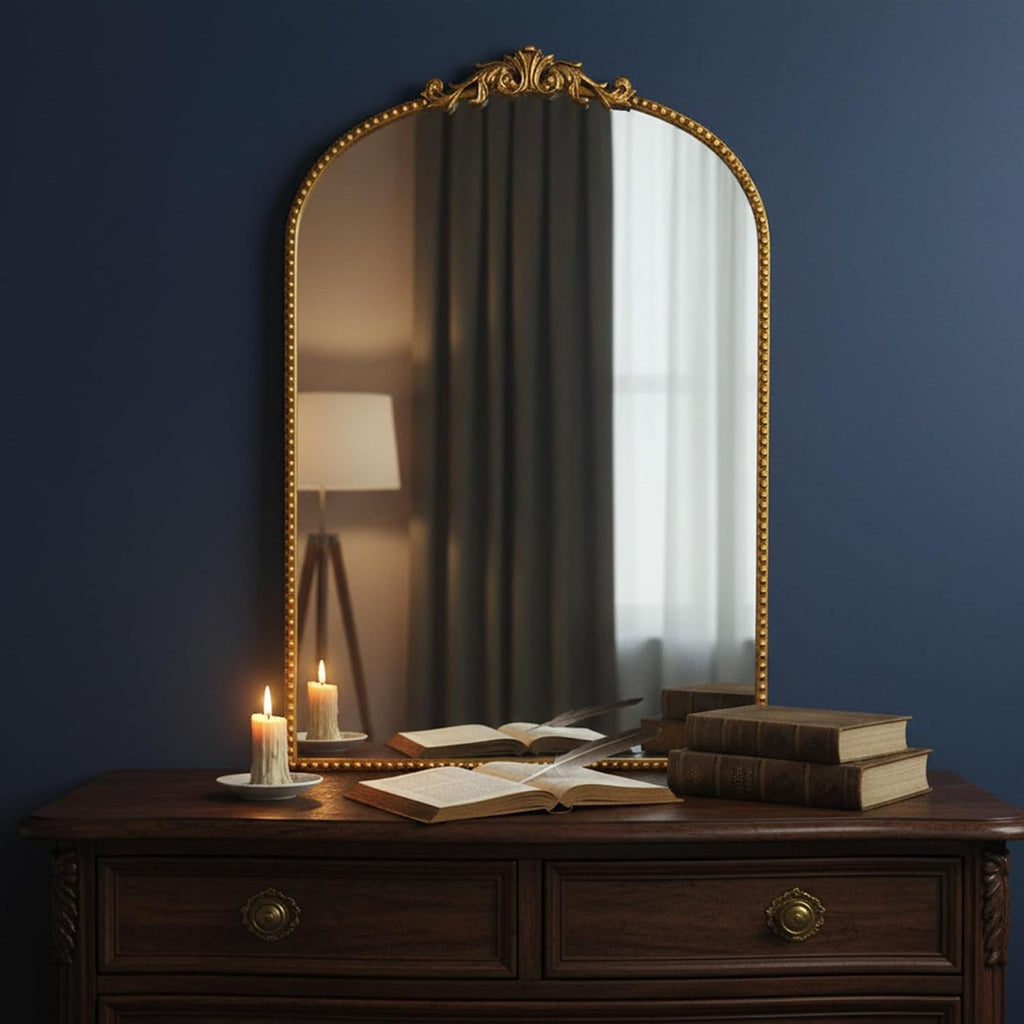Vintage Baroque Arched Wall Mirror 36"x24", Gold Ornate Antique French Traditional Decor Mirror for