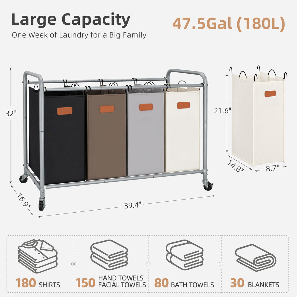 Sorter 4 Section, 47.5 Gal Laundry Cart with Wheels