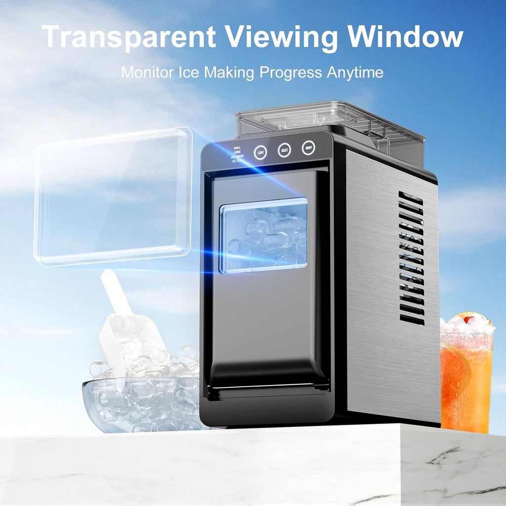 Countertop Ice Maker with 1.2L Top Water Tank, 8 Bullet Cubes in 6 Mins, 26.5lbs in 24Hrs, 2 Ice Sizes, Self-Cleaning