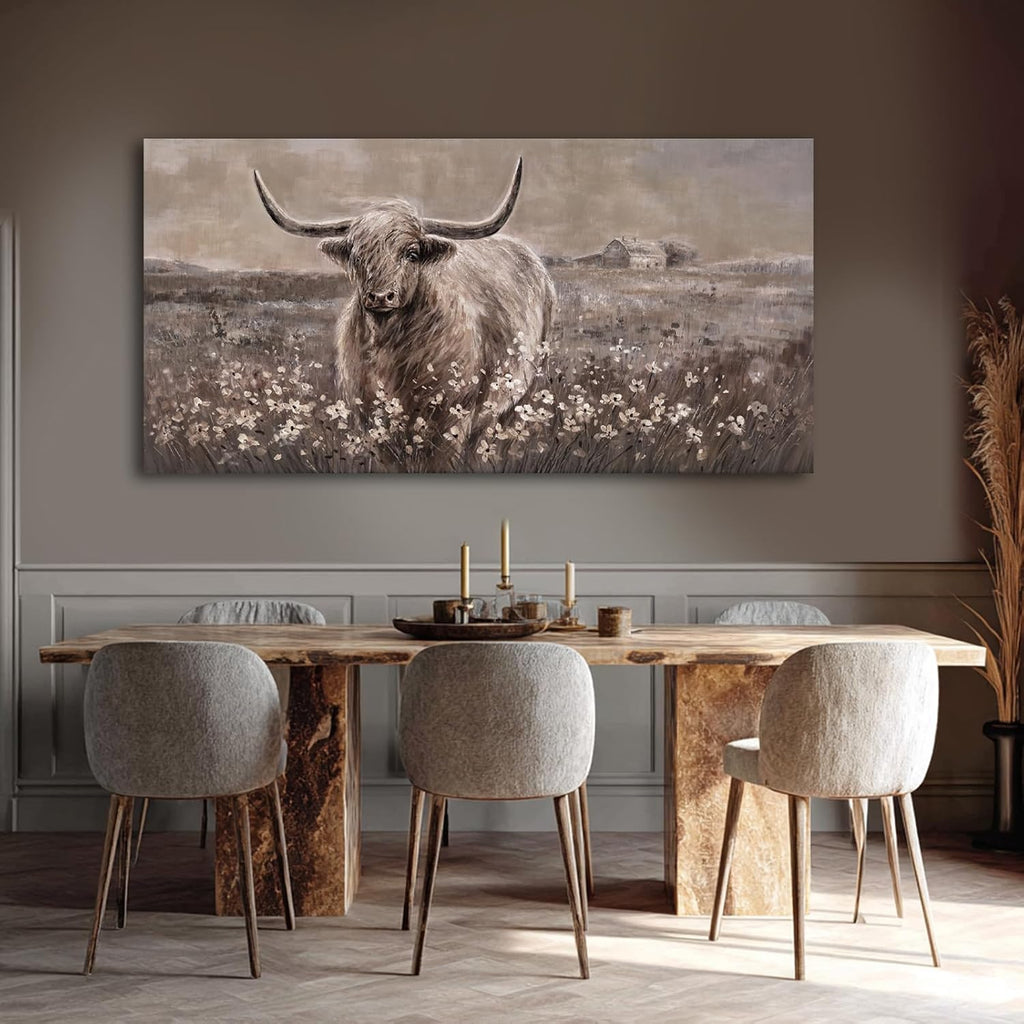 Beige and Brown Highland Cow Canvas Wall Art - 24x48 Inch Framed Large Painting for Rustic Farmhouse Living Room