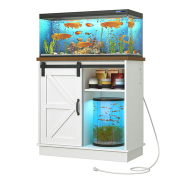 Farmhouse 20-29 Gallon Fish Tank Stand w/Power Outlet, Aquarium Stand w/Cabinet&Sliding Barn Door, Heavy Duty Reptile