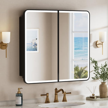 32x30 Inch Medicine Cabinet with Mirror and Lights , Black | Recessed or Surface Mount, Anti-Fog, Memory Function