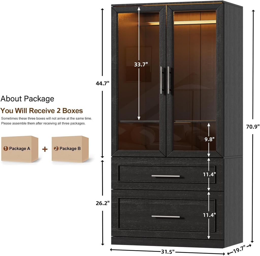 Armoire Wardrobe Closet with Glass Door and Drawers, Bedroom Closet Wardrobe Cabinet with Hanging Rod, Lighted