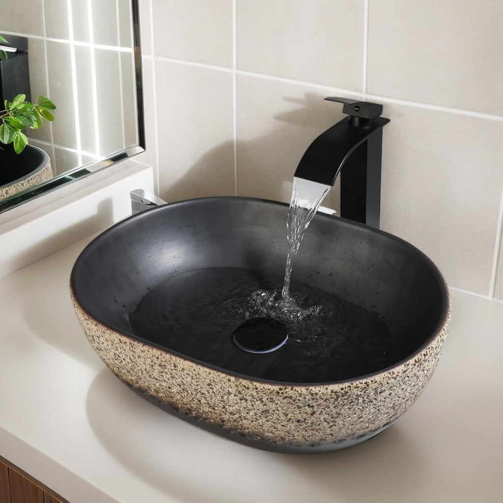 19 Inch Stone Bathroom Sink Basin with Waterfall Faucet and Pop-up Drain Combo,Tan Travertine Vessel Sink Above