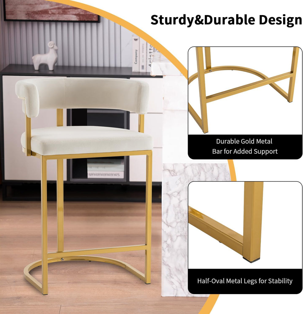 Set of 2 Beige Modern Velvet Bar Stools with Barrel Backrest, Upholstered Seat, and Gold Metal Footrest - 25.6-Inch