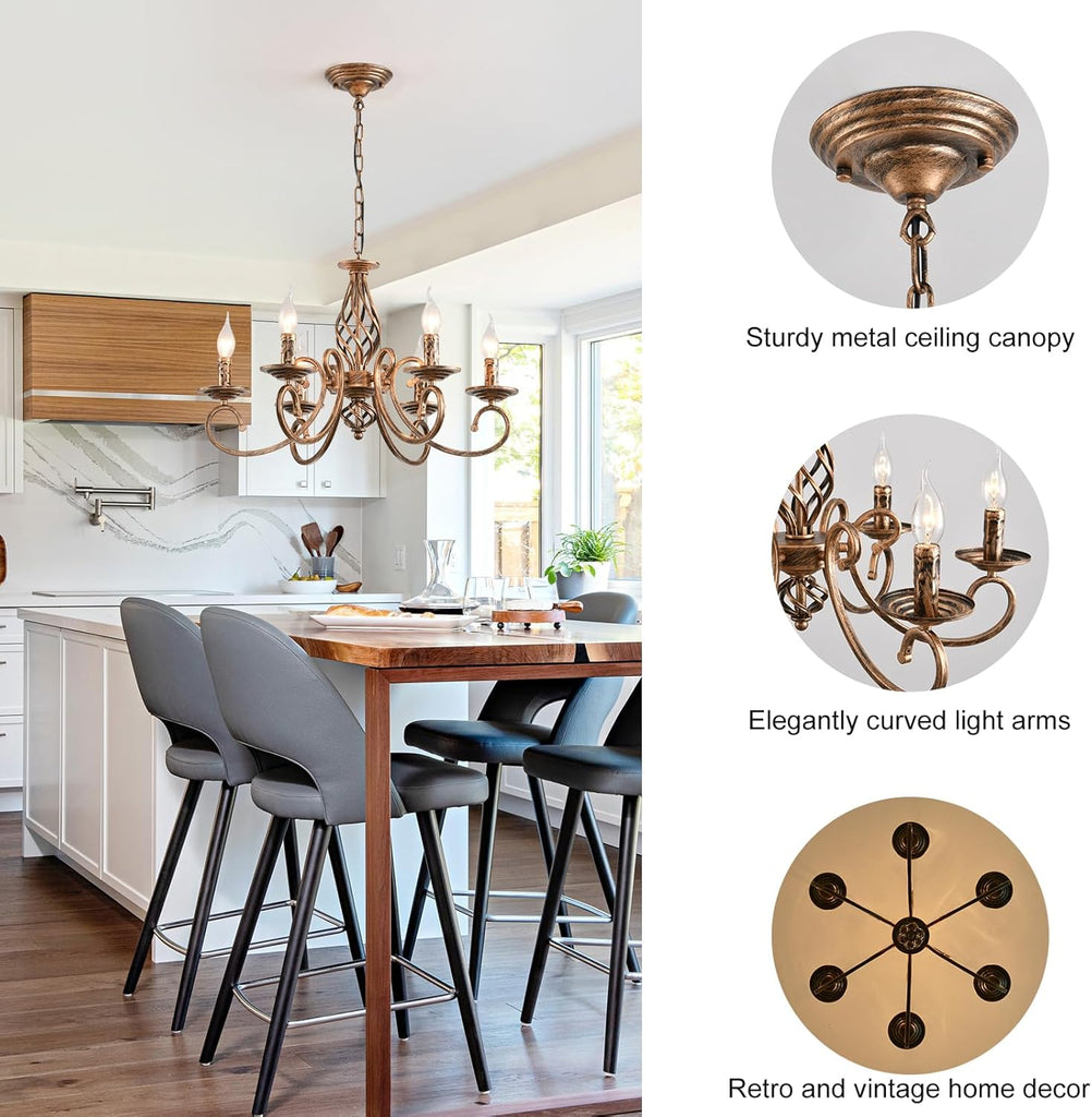Rustic 6-Light Chandeliers,French Country Vintage Chandelier,Metal in Antique Bronze Pendant Chandelier,Pendant Light Fixture for Island Kitchen Farmhouse Dining Room Living Room