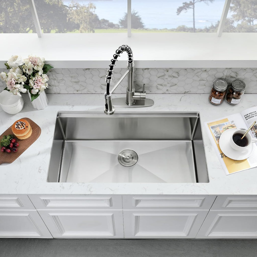32 Inch Undermount Kitchen Sink Stainless Steel Single Bowl | 16 Gauge 304 Stainless Steel, Brushed Nickel, 10 Inch