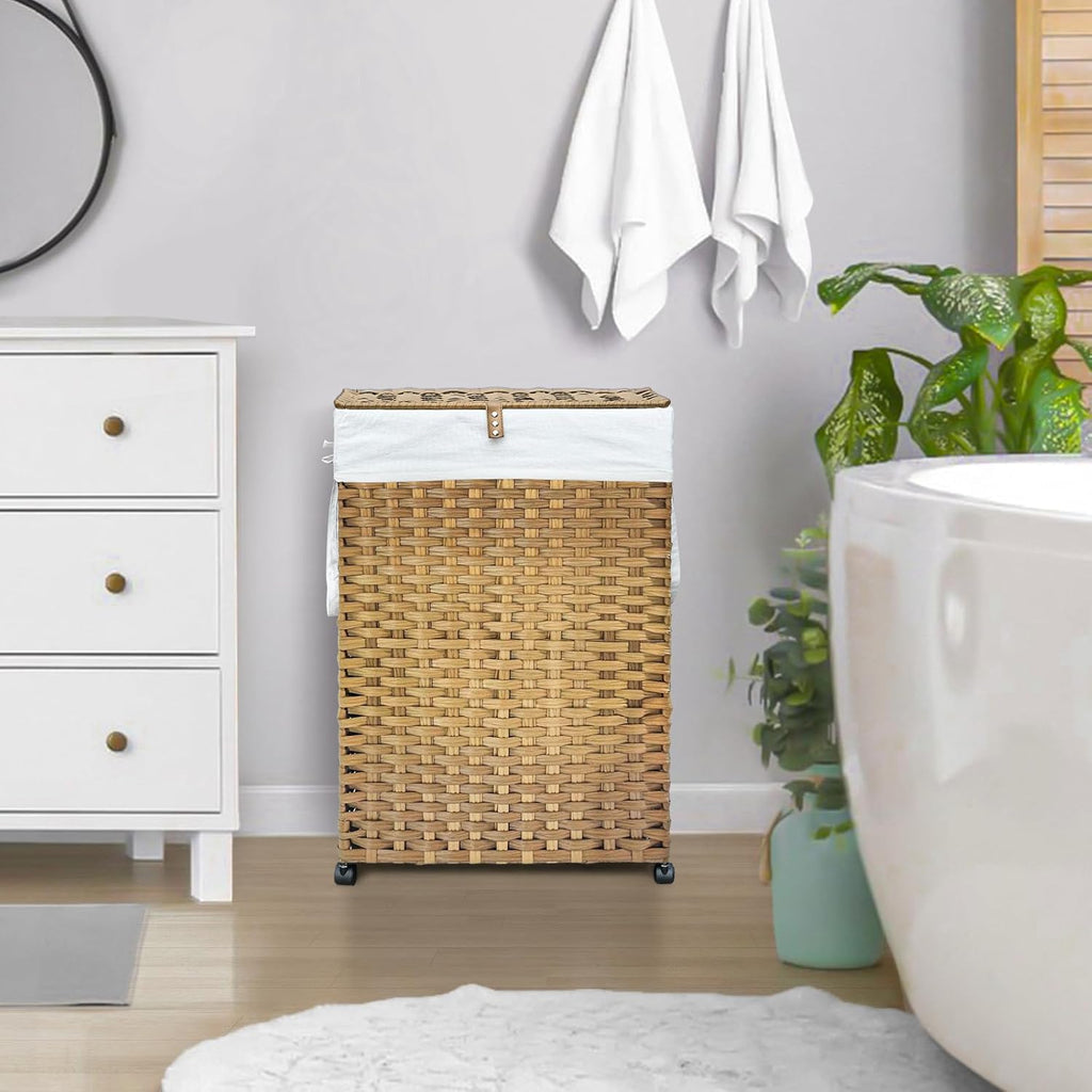 70L Slim Laundry Hamper with Lid & Wheels, Rolling Laundry Basket with 2 Removable Liner Bags & 3 Mesh Bags, Narrow