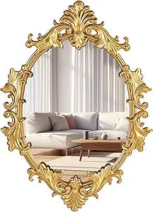 Gold Oval Wall Mirror, 19"X27" Vintage Decorative Baroque Hanging Mirrors Dresser Decor, Entryway