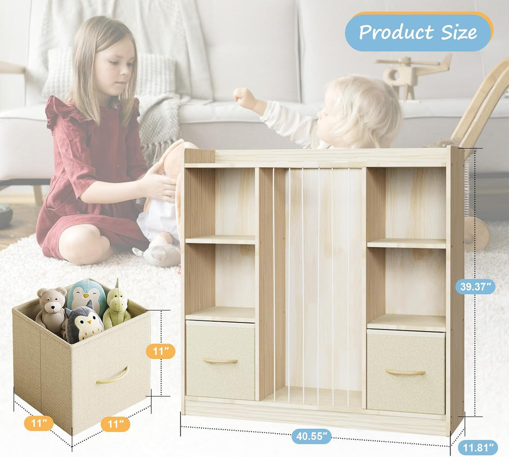 4-in-1 Toy Storage Organizer with Stuffed Animal Storage, Solid Pine Kids Bookshelf and Toy Shelf, 6 Cube Shelf with