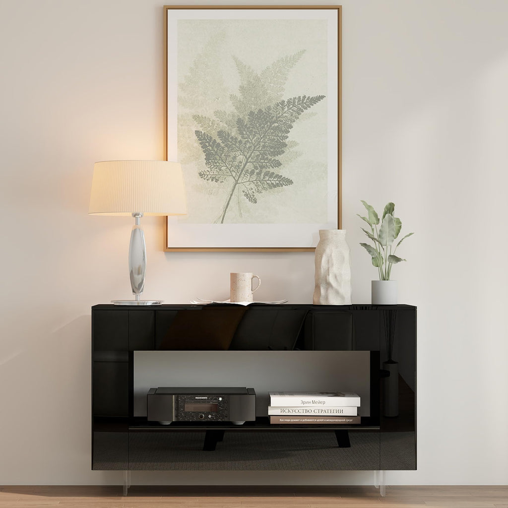 55" with 2 Drawers & Hidden Storage Cabinets, High Gloss Black