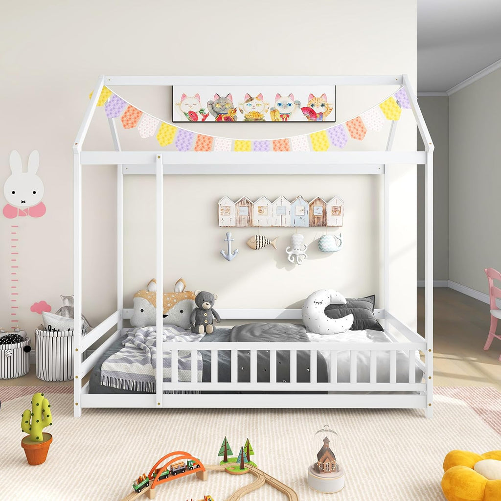 Twin Size Floor House Bed, Wooden Montessori Bed with Roof & Full-Length Safety Guardrail, Floor Playhouse Bed Frame