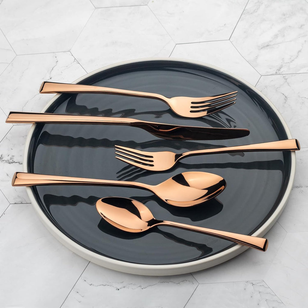 Bailey Rose Gold 20-Piece Forged Stainless Steel Flatware Set Cutlery Set, Service for 4, Silver Finish, Dishwasher Safe