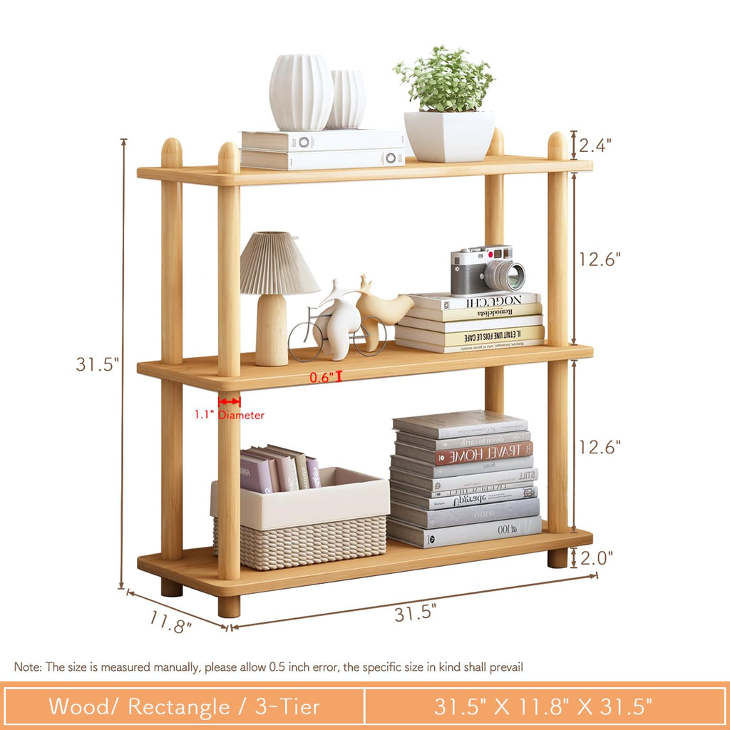 3-Tier Wooden Shelf Bookcase, Freestanding Open Bookshelf, Oak