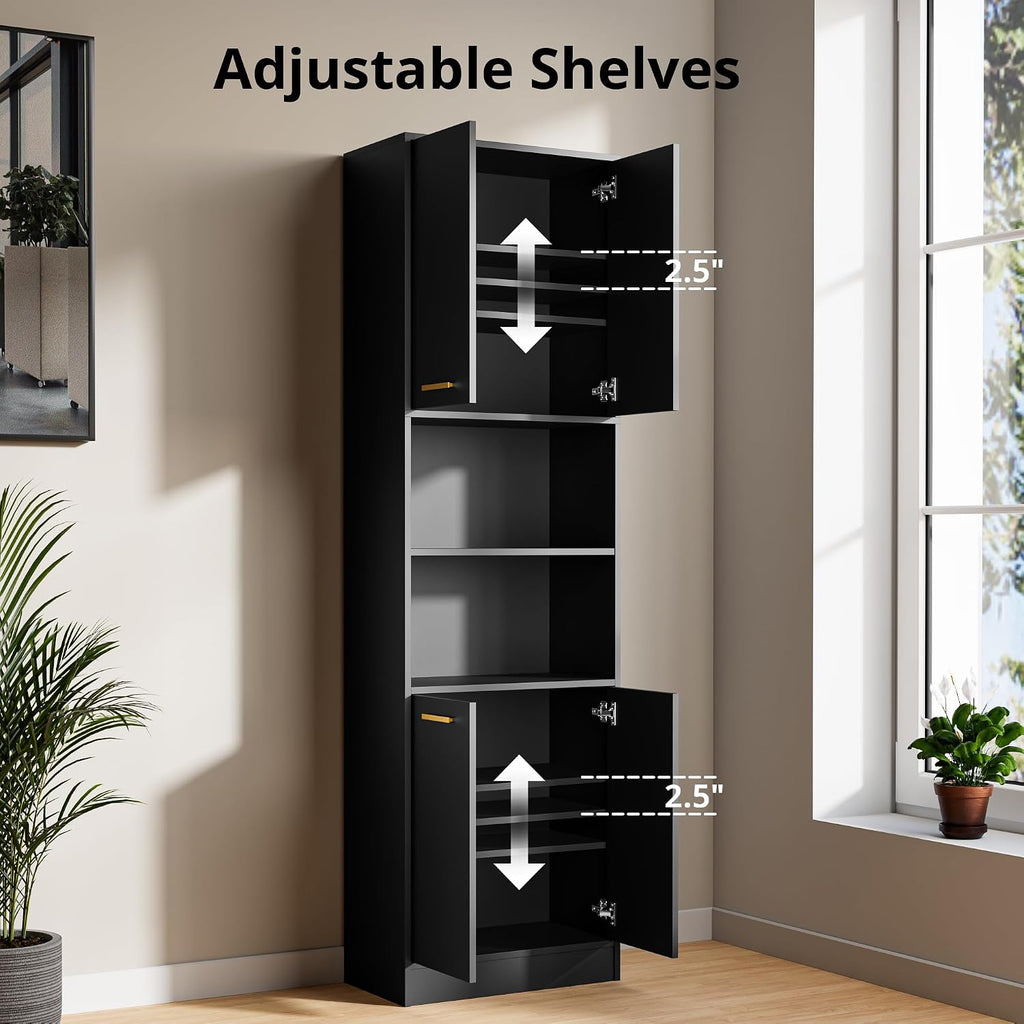 Kitchen Pantry Cabinet, 75" Tall Wood Storage Cabinet with Doors and Shelves, 4 Doors Open Countertop Utility Hutch