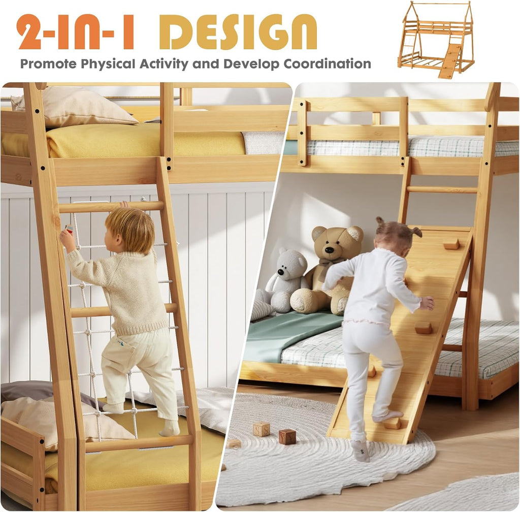 Bunk Bed Twin Over Full, Wooden House Bunk Bed with Climbing Nets & Ramp