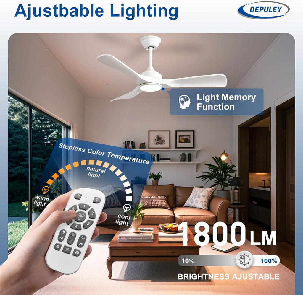 42-Inch Ceiling Fan with Light: White 3 Blade Indoor Outdoor Fans for Patios - Dimmable Ceiling Fan with Remote APP Control Ultra Quiet DC Motor Reversible 6 Speed Timer