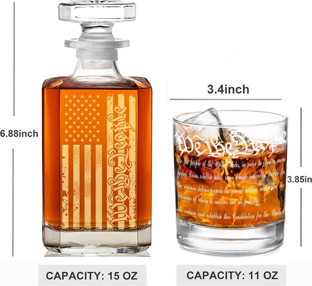 Whiskey Decanter Engraved We The People American Flag Decanter Set with 2 Glasses for Liquor Scotch Bourbon or Wine
