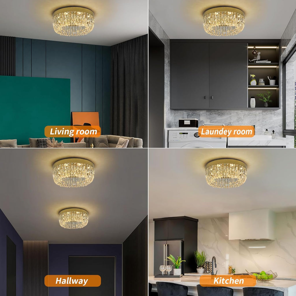 Luxury Gold Crystal Chandelier Flush Mount Ceiling Light, 19.7" Modern LED Lighting Fixture for Bedroom Kitchen