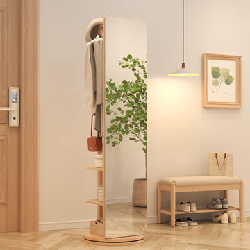 Solid Wood Rotary Full Length Mirror Coat Rack, 69" x 20" Oversize Standing Mirror Full Length, Floor Mirror (Natural)