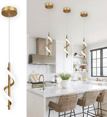 Gold Pendant Light, Spiral Modern Led Pendant Lighting for Kitchen Island, 5500K Brushed Brass Ceiling Hanging Light