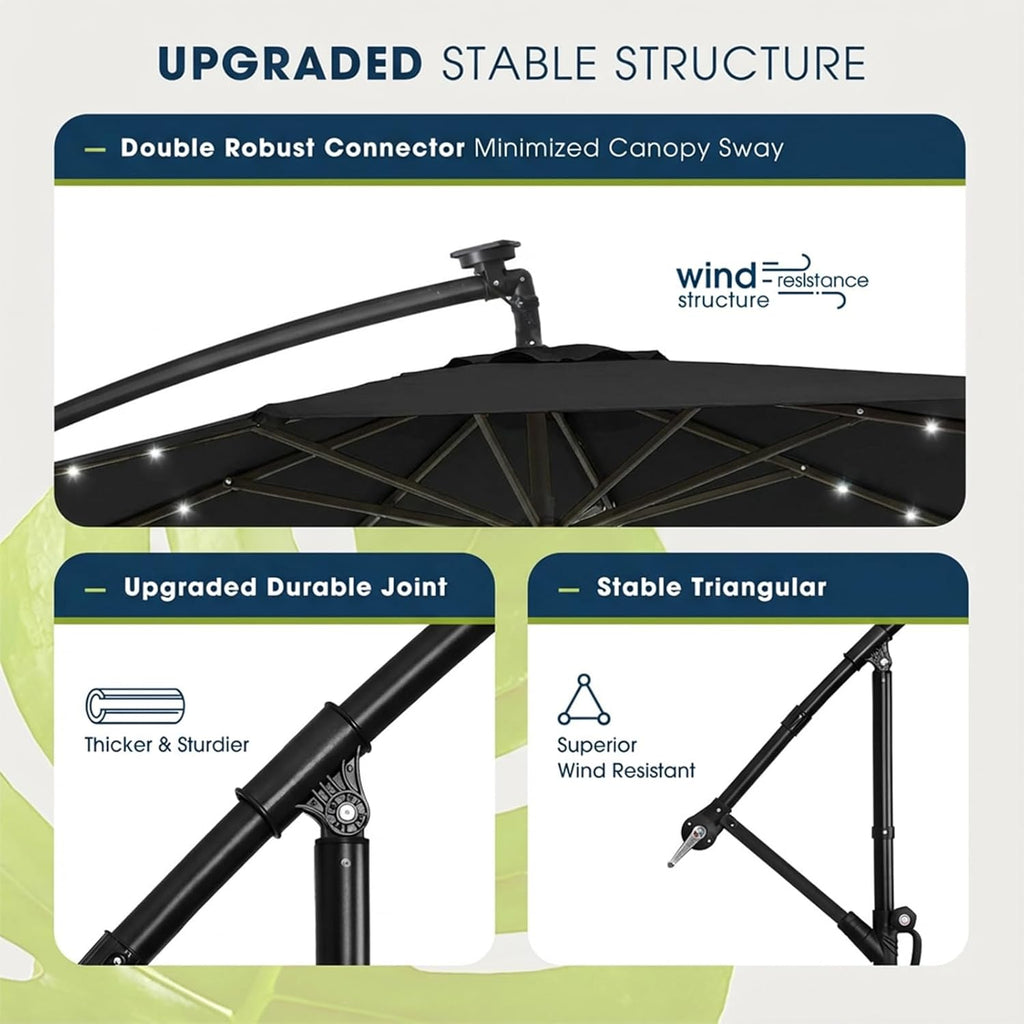10ft Solar LED Patio Umbrella with Base Included, Offset Umbrella with Weighted Sandbag Base