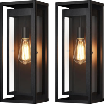 19" Outdoor Wall Lights, 2 Pack Large Size Matte Black Outdoor Sconce Lights with Clear Glass Shade, Waterproof Porch Lighting Exterior Light Fixture for Front Door, Garage