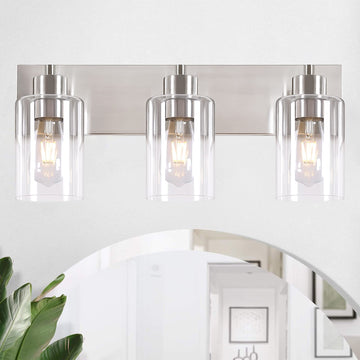 Brushed Nickel Bathroom Vanity Lights 3-Light, Clear Glass Shade