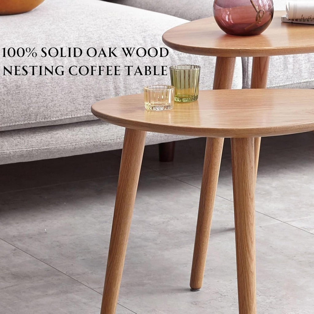 100% Solid Oak Wood Nesting Coffee, Small Oval Coffee Tables Set, Mid Century Modern Round Tables, Pebble Side for