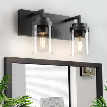 Bathroom Vanity Fixtures, 2 Light Matte Black Vanity Light with Clear Glass Shade, 15in Farmhouse wall Light