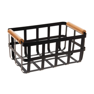 Rectangular Metal Storage Basket with Bamboo Handles | Large | Farmhouse Style Wire Basket | Home Organizer