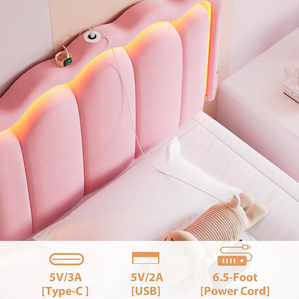 Twin Upholstered LED Bed Frame with Storage Drawer and Adjustable Chic Double Wavy Headboard, Velvet Princess