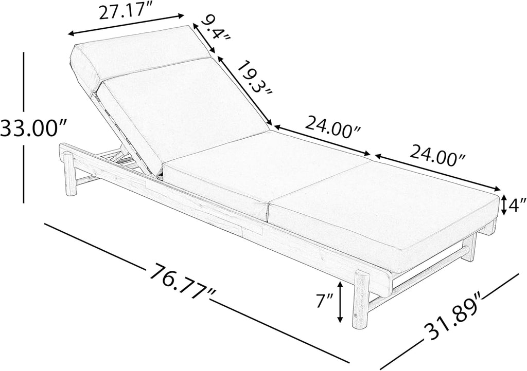 Outdoor Chaise Lounge, 4-Fold Cushion with Built-in Headrest, Acacia Wood Recliner Chair with Slatted Design