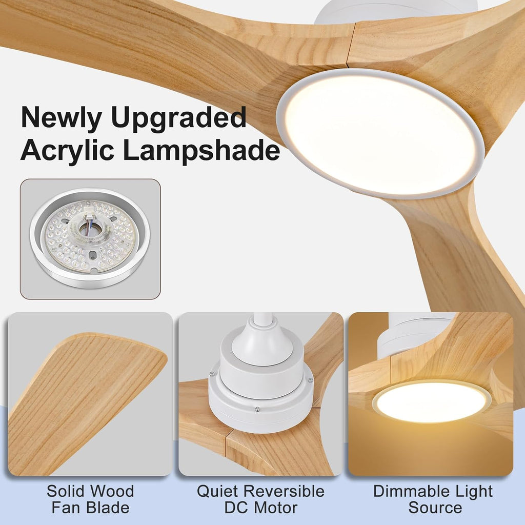 42 Inch Ceiling Fans with Lights and Remote, Dimmable, Natural Wood Ceiling Fan with Light