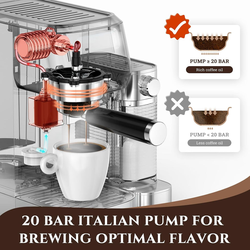 Espresso Machine, Auto Milk Frother, 20 Bar Pressure, Silver | Home Coffee Maker with 61oz Removable Tank & LCD