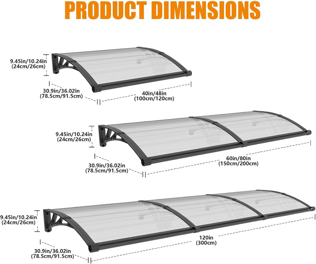 Window Awning Door Canopy 40"x60", Awnings for Doors Polycarbonate Cover Patio Door Awning UV Rain Snow Sunlight