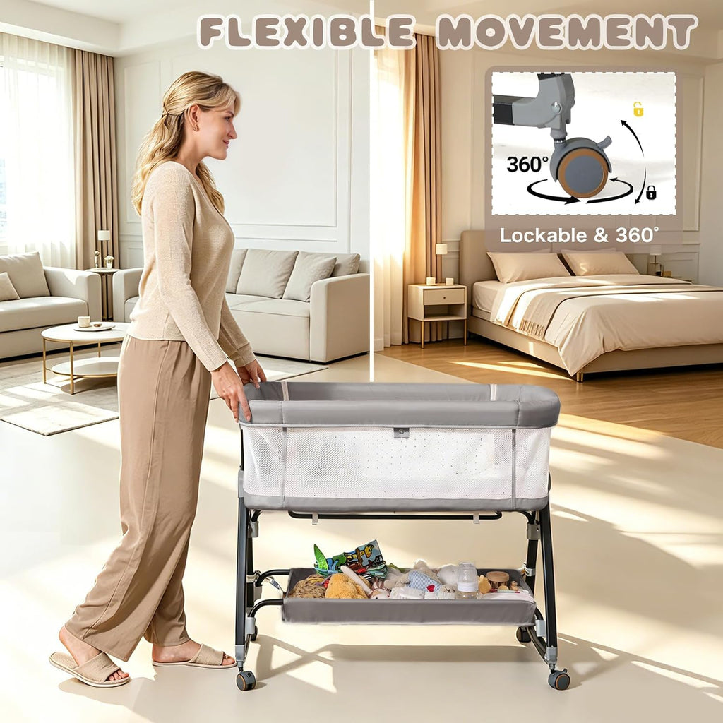Bassinets Bedside Sleeper with Wheels and Mattress, Cosleeping Baby Bed with Storage, Co-Sleeper Bassinet Attach to