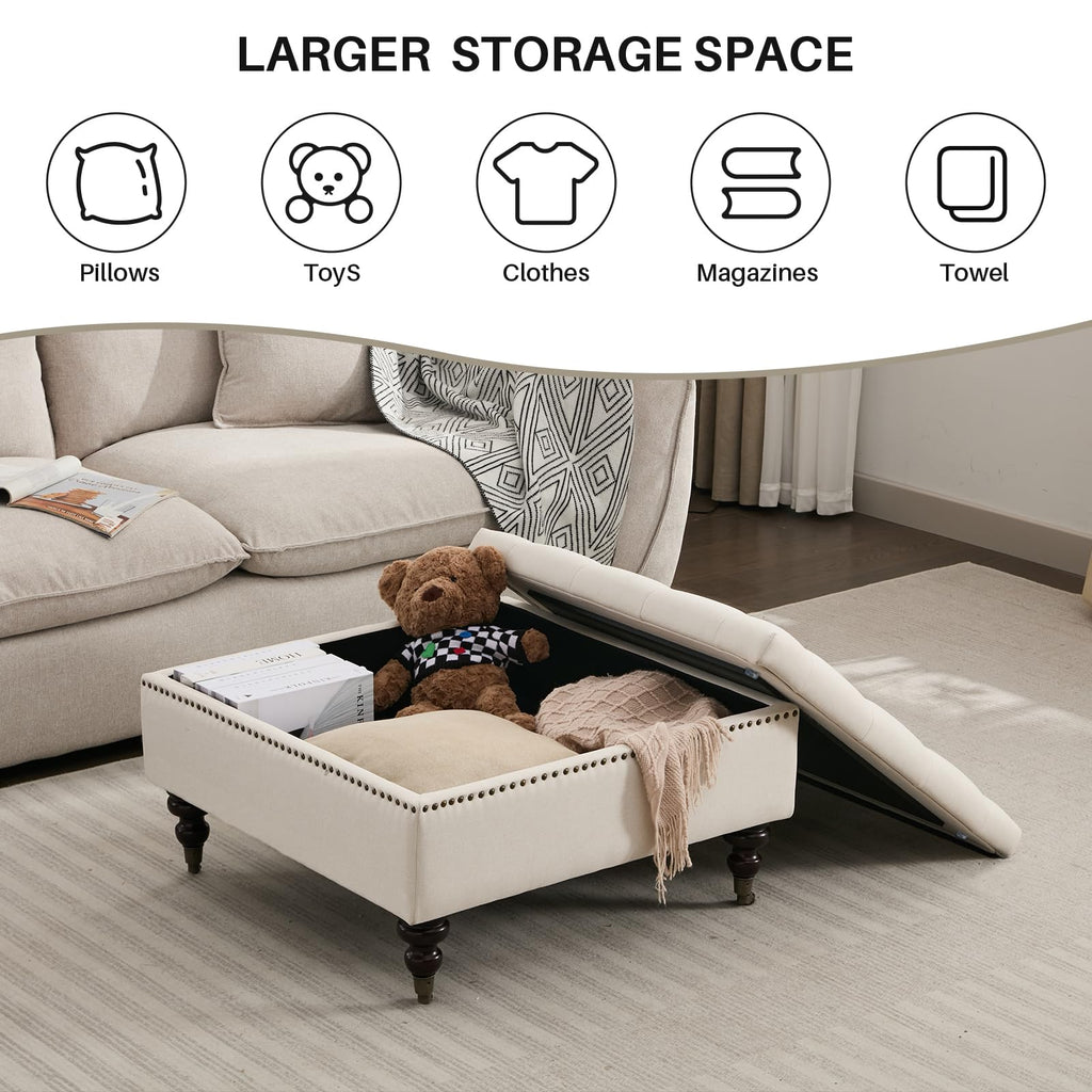 Large Square Storage Ottoman Uphlostered Tufted Button Coffee Table, Beige