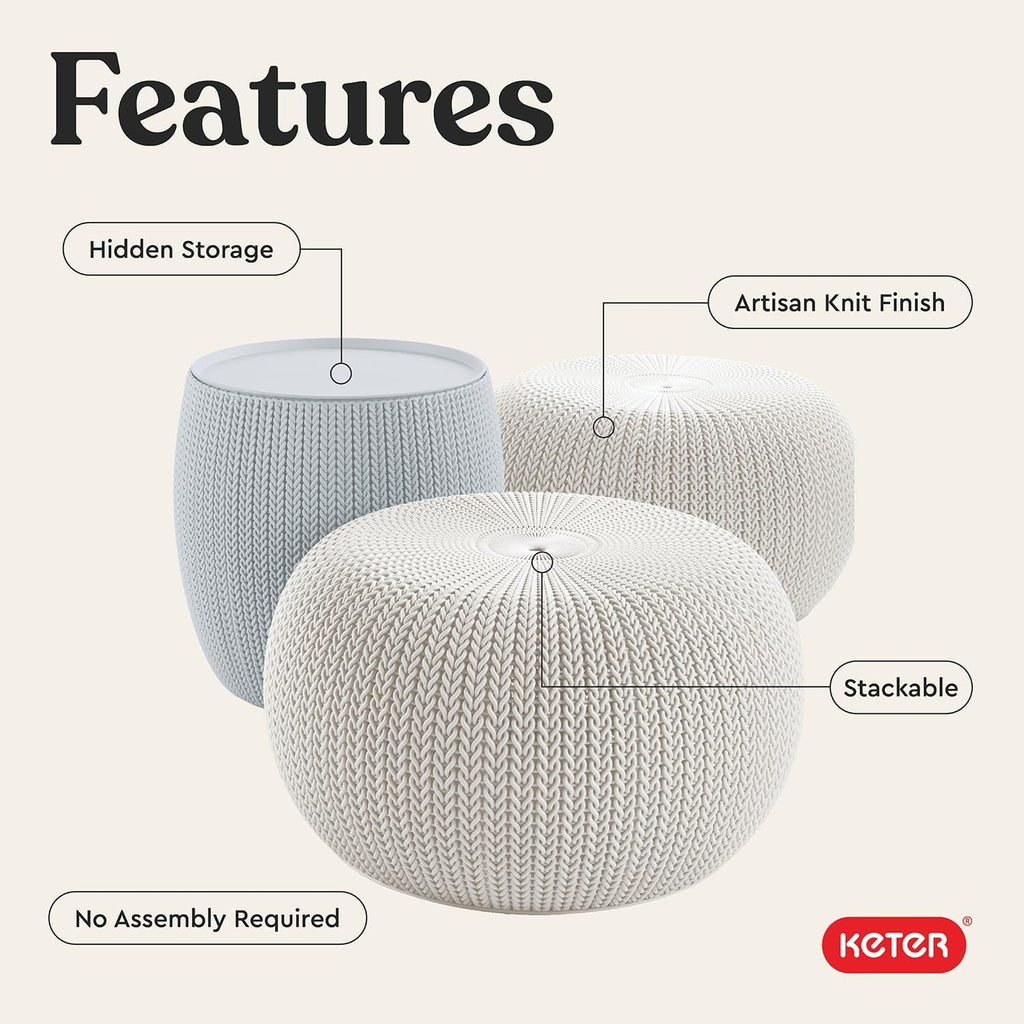Urban Knit Pouf Ottoman Set of 2 with Storage Table and Room Décor - Perfect for Balcony, Deck, and Outdoor Seating