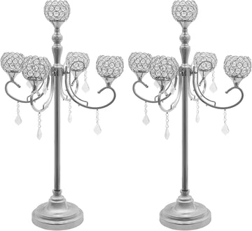 2 Pack 5-Arm Crystal Candelabra Candle Holder 33.8 Inches Tall Floor Candle Holder Candelabras Centerpieces for Table