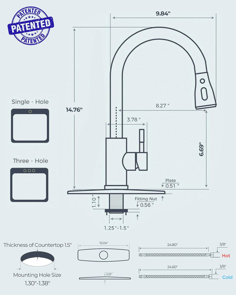 Black Kitchen Faucet with Pull Down Sprayer, High Arc Single Handle Classic Stainless Steel Sink Faucet 1 or 3 Hole