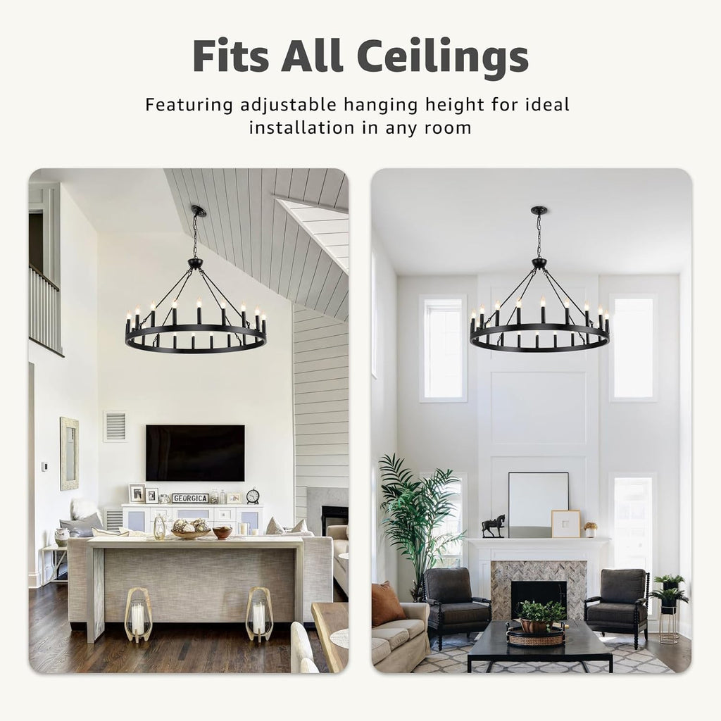 Wagon Wheel Chandeliers 40" 20-Light, Black Modern Farmhouse Chandelier with Adjustable Height