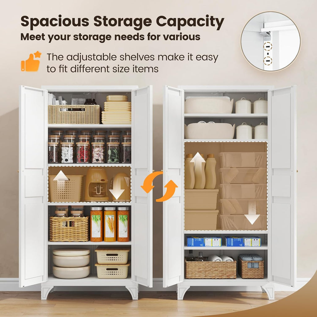 Metal Storage Cabinet with 2 Doors and 4 Adjustable Shelves - 61" White Kitchen Pantry Storage 5-Tier Tall Steel
