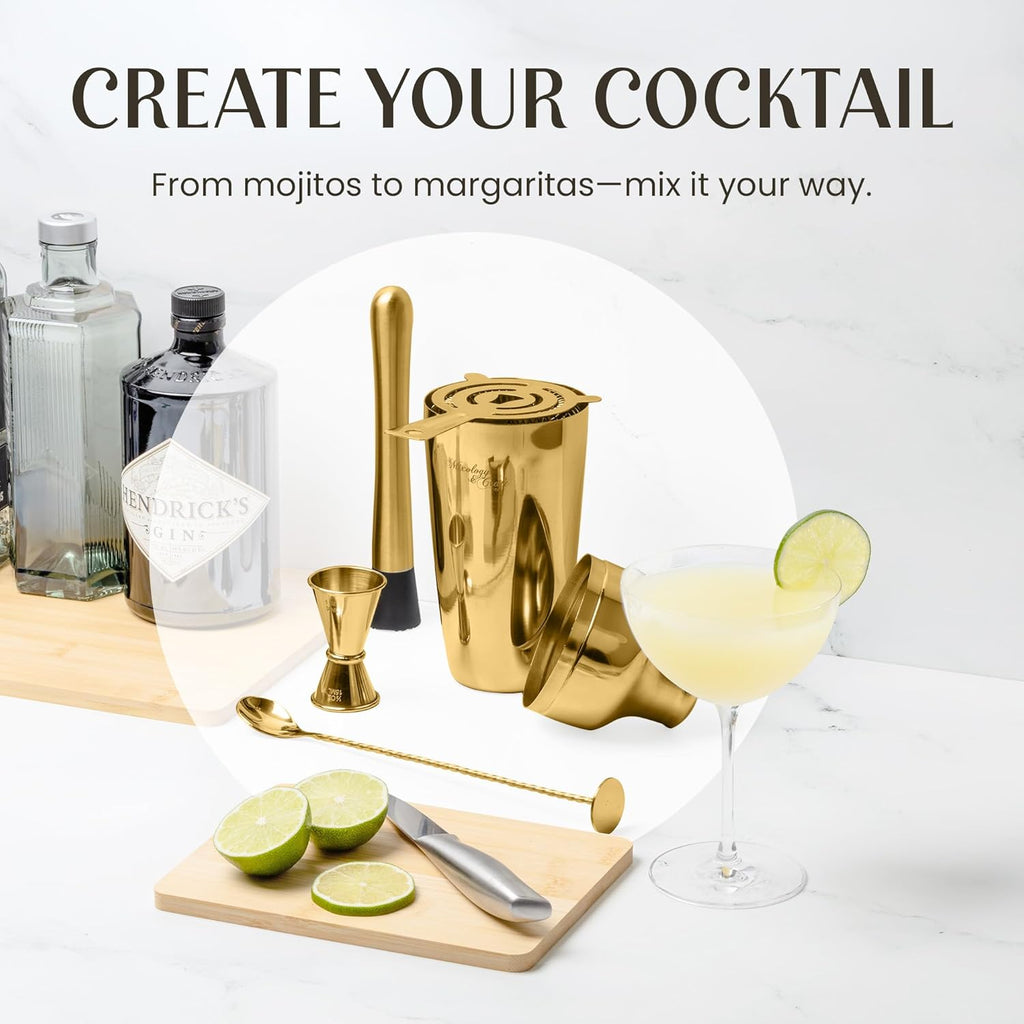 Cocktail Shaker Set with Dark Bamboo Stand - Professional 10-Piece Bartender Kit - Complete Bar Set & Cocktail Mixer