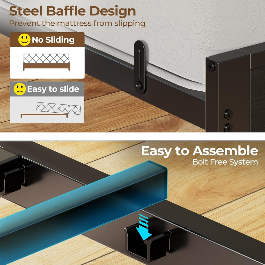 Bed Frame Full with Charging Station and LED Lights, PU Leather Headboard with Storage Shelves, Heavy Duty Metal Slats
