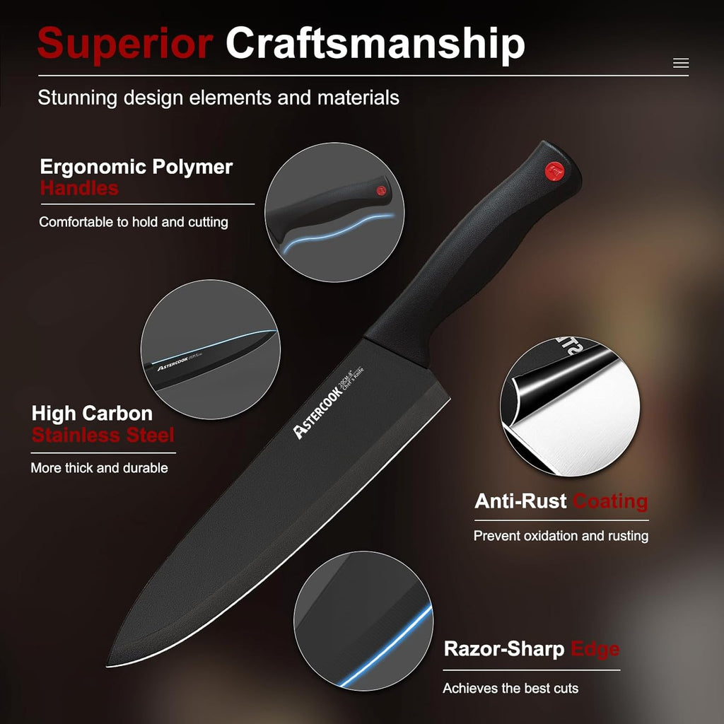 Knife Set with Block and Sharpener 15pcs German | Stainless Steel Kitchen Utensils Set Dishwasher Safe