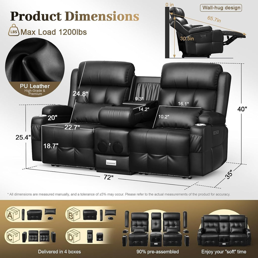 Power Reclining Loveseat Sofa with Console, Wall Hugger RV Recliner Couch, Home Theater Seating with Heating &